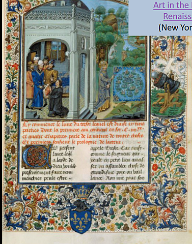 Le Maître de la Toison d’or de Vienne et de Copenhague Page de dédicace du Livre du trésorde Brunet Latin : Jean Du Quesneoffrant son livre à Louis de Gruuthuse ; la création du monde