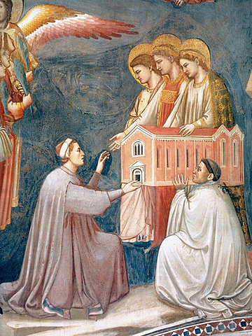 Giotto Enrico Scrovegnioffrant sa chapelle aux trois Vierges, détail du Jugement dernie