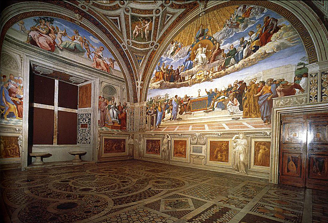 Raphaël: Chambre de la Signature(La Loi et les vertus cardinales et théologales et La Dispute du Saint-Sacrement)