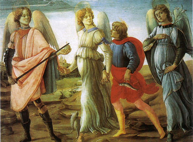 I Tre Arcangeli e Tobiolo. Oil painting by Fillipino Lippi (c. 1485)