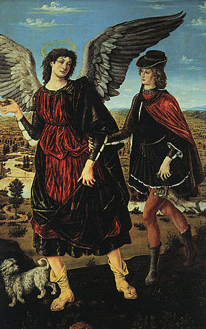 L’Arcangelo Raffaele e Tobiolo. Oil painting by Antonio del Pollaiuolo (c. 1460)