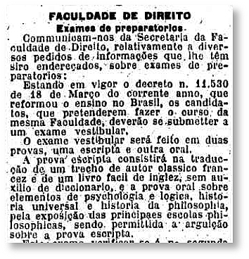 Lei institui oficialmente o Vestibular no Brasil