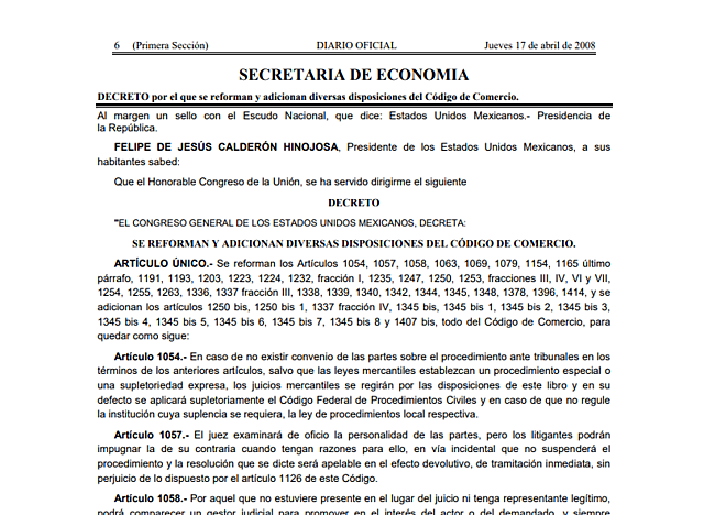 Reforma al Articulo 1054 del Código de Comercio.