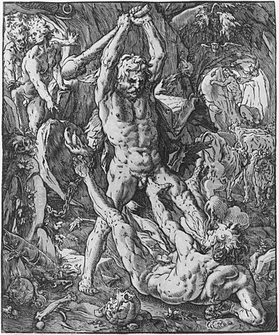 Hercules and Cacus. Chiaroscuro woodcut print by Hendrick Goltzius (c. 1588)