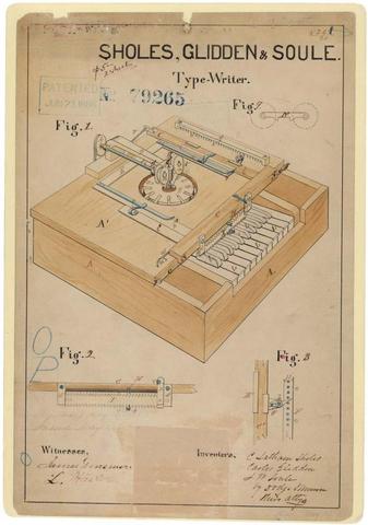 Patent for 'writing machine' (Christopher Sholes, Carlos Glidden and Samuel Soule)