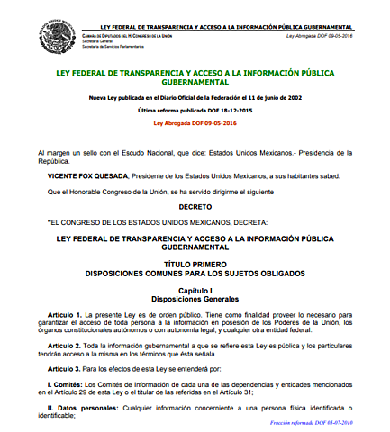 LEY FEDERAL DE TRANSPARENCIA Y ACCESO A LA INFORMACIÓN PÚBLICA GUBERNAMENTAL