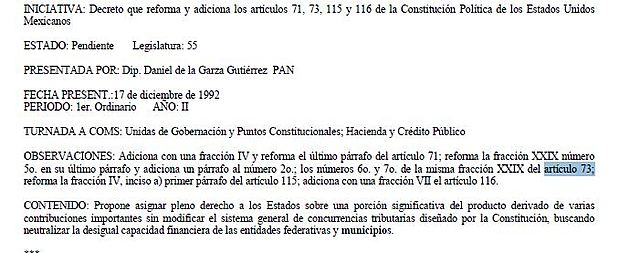 Proyecto para reformar el articulo 73 constitucional