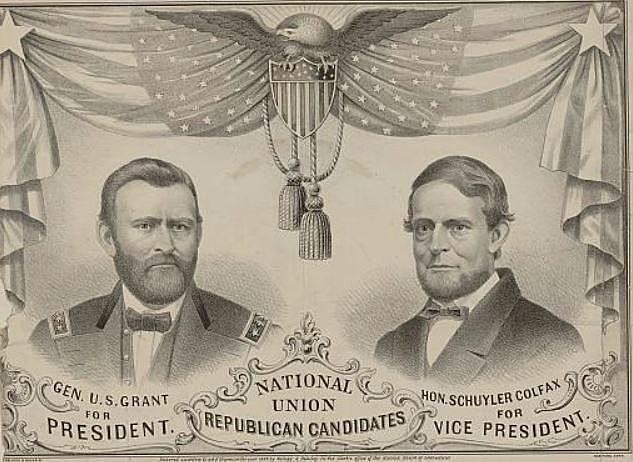 The Republican National Convention at Chicago nominates Grant for president and Schuyler Colfax of Indiana for vice president; Grant adopts the conciliatory slogan, "Let us have peace."