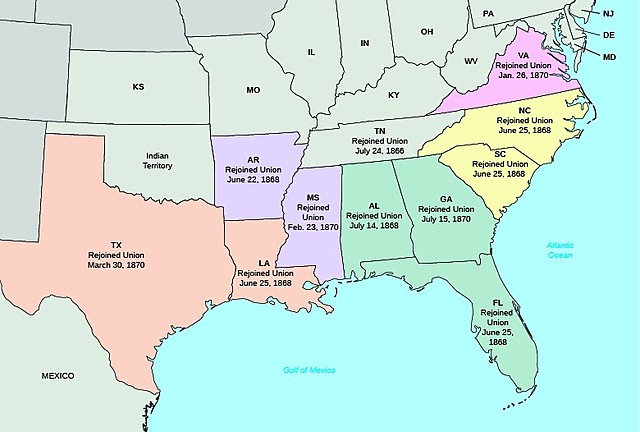 Louisiana, Florida, North Carolina and South Carolina are readmitted to the Union.