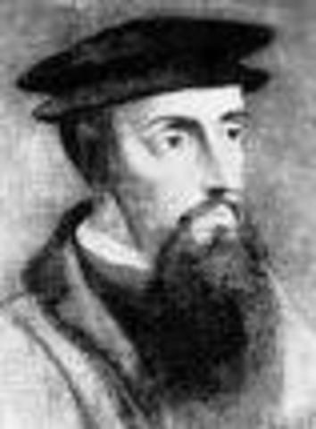 John Calvin moves to the of Geneva and establishes a theocracy