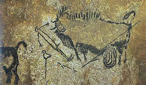 Rhinoceros, Wounded Man, and Bison