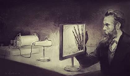 Descubrimiento de los rayos X por Wilhelm K. Roentgen.