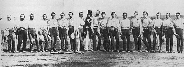 The first official game of baseball is played between the Knickerbockers and a group of cricket players.
