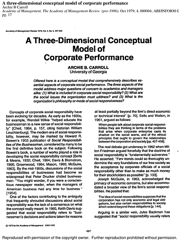 Archie B. Carrol publicó “A Three-Dimensional Conceptual Model of Corporate Performance”
