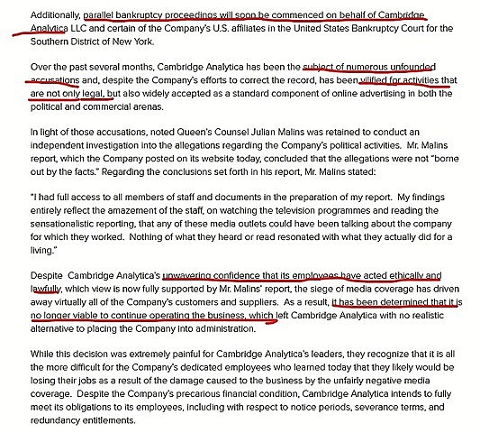 Cambridge Analytica anuncia en un comunicado que cerrarán.