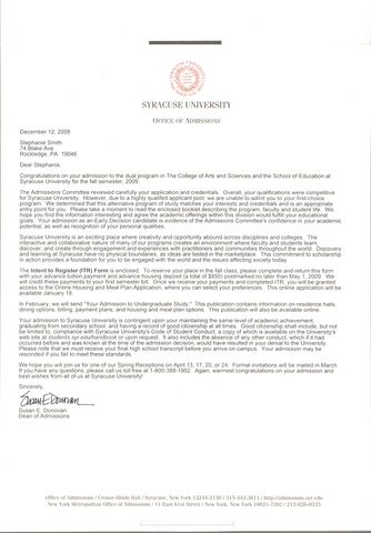 Acceptance to syracuse university