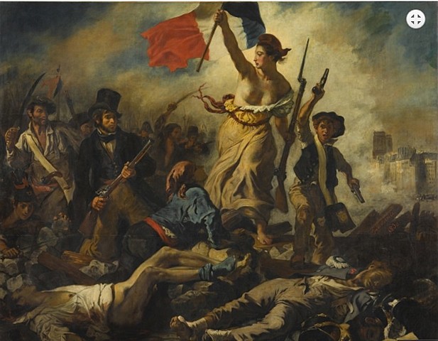 La libertad guiando al pueblo. (1830). Cuadro de Eugène Delacroix. Muestra una escena de la revolución de 1830 en París. Se puede apreciar las distintas clases sociales que la siguen. Ondea la bandera tricolor de la revolución francesa.