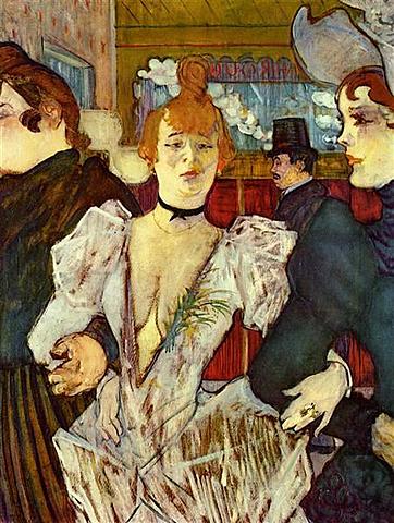 La Goulue llegando al Moulin Rouge con dos mujeres