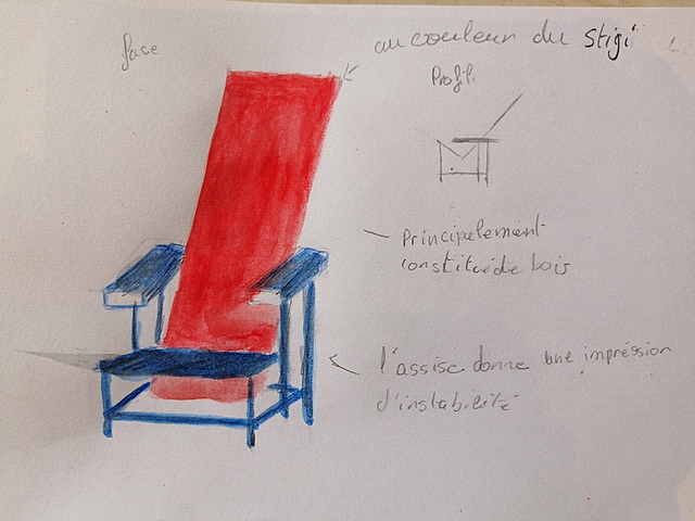 Croquis fauteuil rouge et bleu