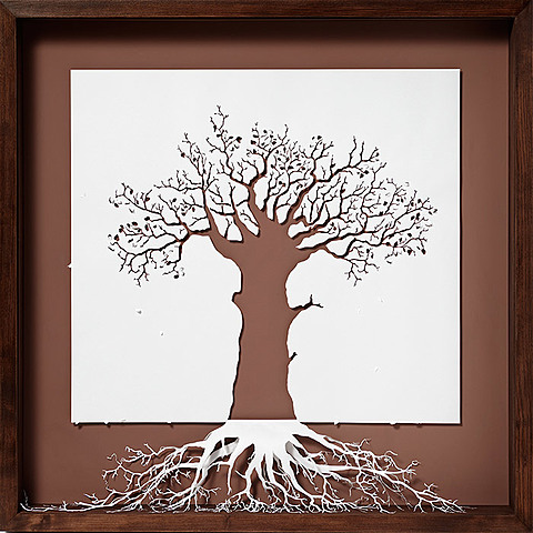 Prof - Trangresser les limites du support / Peter Callesen: "The Roots of Heaven" (Papier 120 g/m2, colle, peinture acrylique et cadre en bois. 107 x 107 x 13 cm)