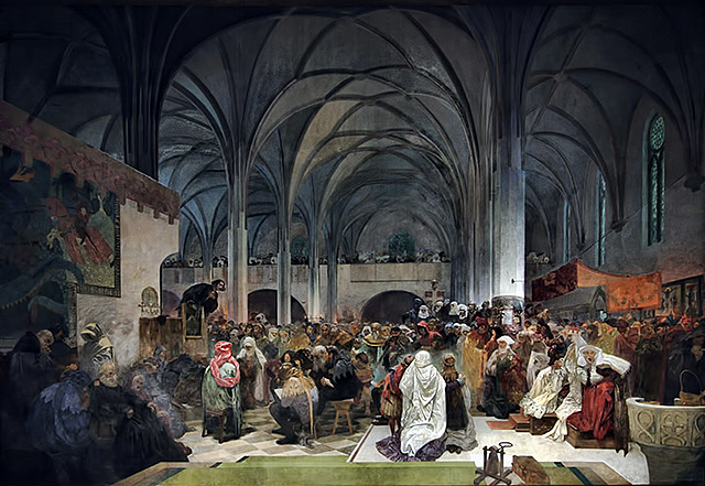 Master Jan Hus Preaching at the Bethlehem Chapel por Alphonse Mucha