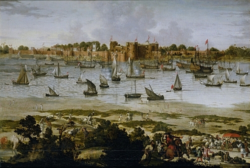 Barcos europeos en el puerto colonial de Surat (India). Pintura anónima (aprox. 1670)