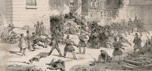 Barricada en París durante la revolución de junio de 1848. Grabado de 1848