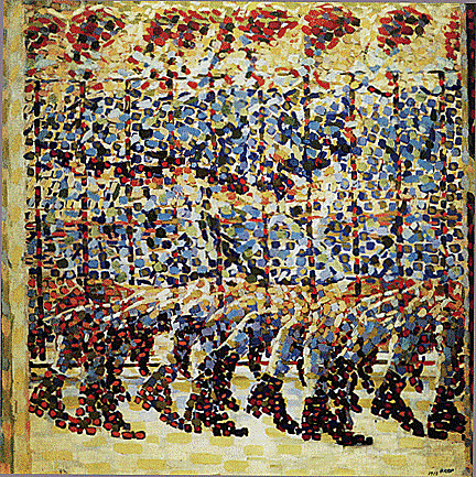Niña corriendo en un balcón, 1912, Giacomo Balla, (Milán, Galleria d’Arte Moderna). El color se halla dividido en manchas cromáticas aisladas que producen un efecto de movimiento.
