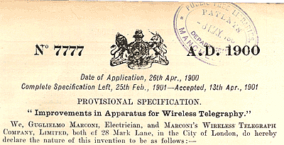 Het allereerste octrooi voor zijn draadloze telegrafiesysteem