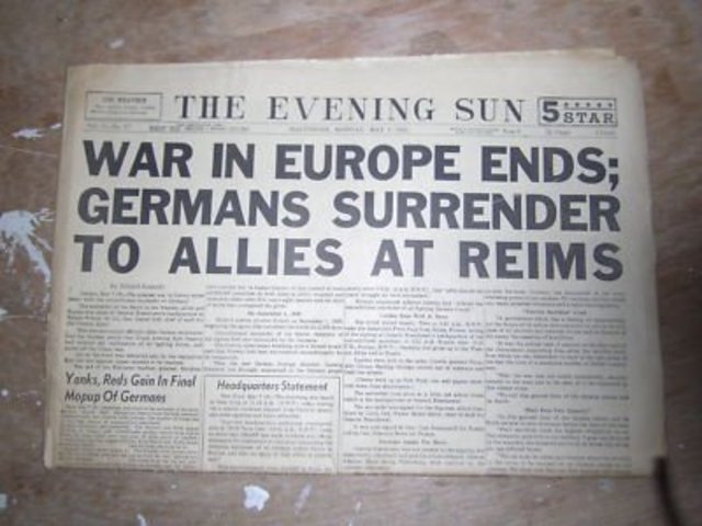 Germany surrenders. The war in Europe ends