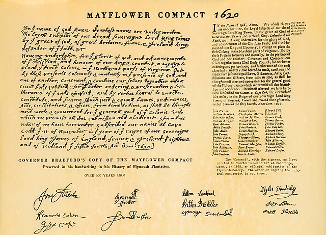 Mayflower/ Plymouth/ Mayflower Compact (Source: Notes and https://www.britannica.com/topic/Mayflower-Compact )