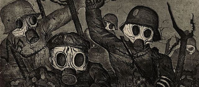 Tropes d’assalt avançant sota un atac de gas. De la sèrie gràfica "La guerra"