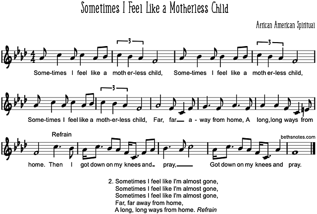 “Sometimes I Feel Like a Motherless Child”      “His mother did not sing ‘Sometimes I Feel Like a Motherless Child,’ and he has not.... ached for acceptance in a culture which pronounced...white skin the only acceptable beauty” (Baldwin 124)