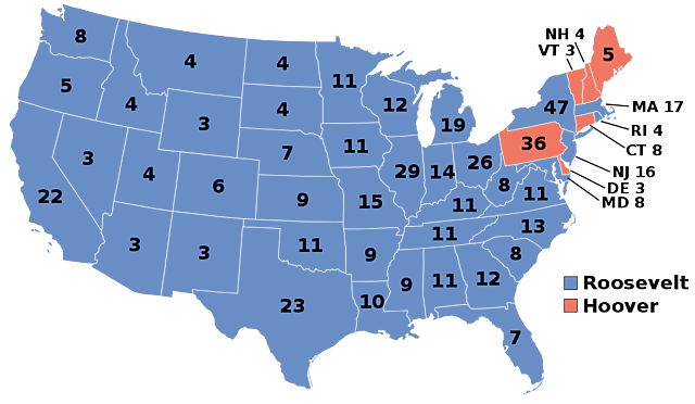 La primera elección que ganó en Estados Unidos, Franklin D. Roosevelt fue en 1932 contra Hoover.