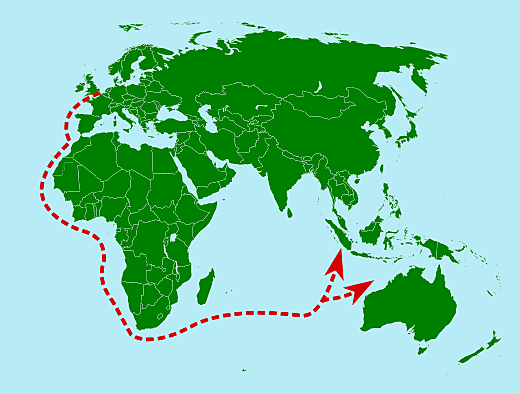Schepen onder leiding van Cornelius de Houtman vertrekken naar Indië via de route van de Portgezen