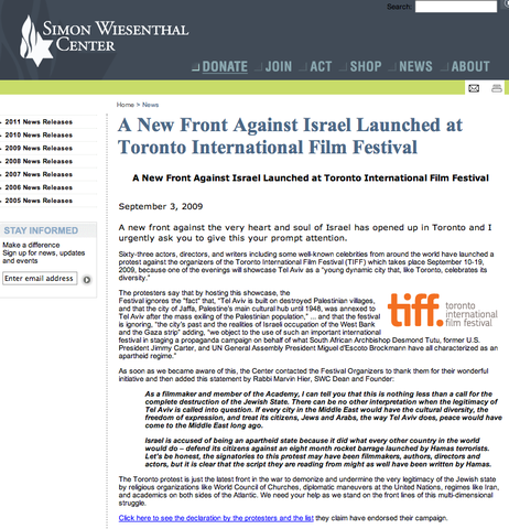 Simon Wiesenthal Center denounces Toronto Declaration as provoking the "destruction of the Jewish state"