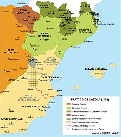 Tratado de Cazorla entre Castilla y Aragón. Reparto de las zonas de expansión de ambas coronas.