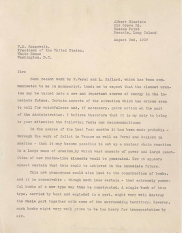 Einstein letter to Roosevelt
