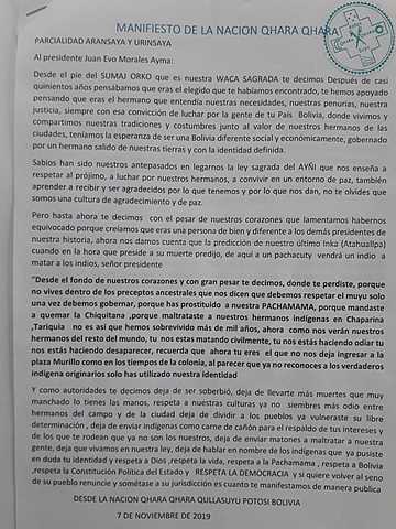 Nación Qhara Qhara se decepciona de Evo y le pide respetar la democracia