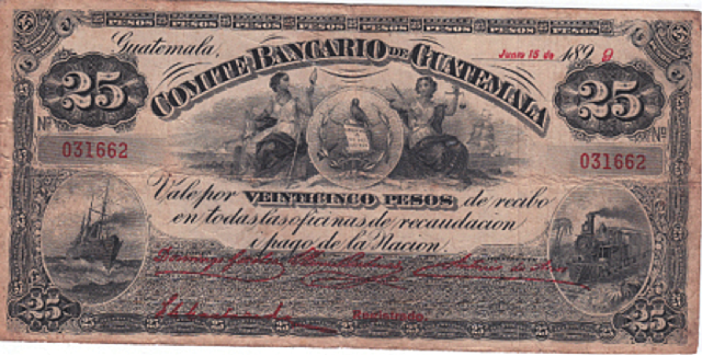 Se emite lo primeros billetes de Guatemala los cuales serían denominados de “1 peso guatemalteco” La equivalencia queda como “1 peso = 8 reales”