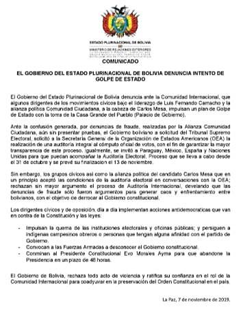 Cancillería denuncia golpe de Estado ante la comunidad internacional