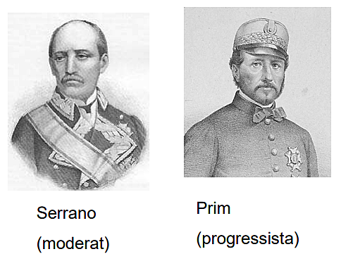 29/09 – Isabel II s’exilia a França. Formació d’un Govern provisional revolucionari amb militars liberals moderats i progressistes (Serrano, Prim)