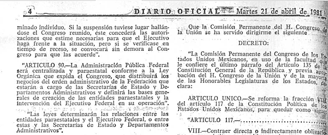 Primera reforma al articulo 90 constitucional.
