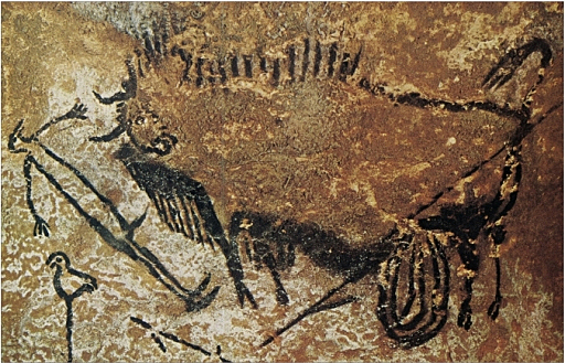 Disemboweled bison and bird-headed human figure