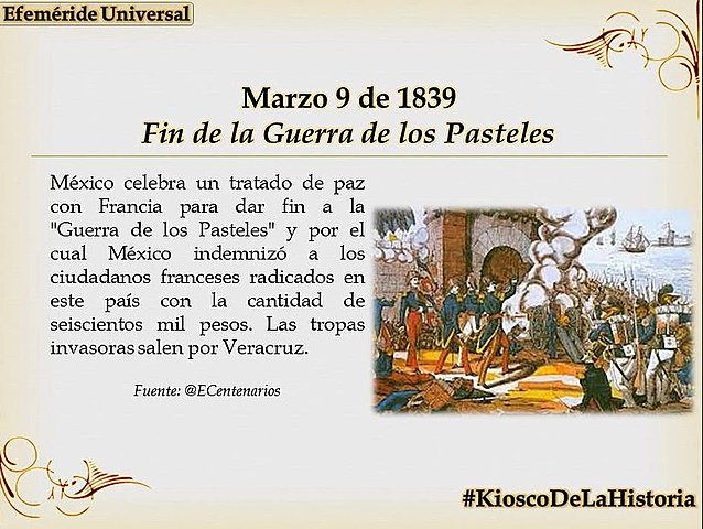 Con la firma de un tratado de paz, concluye la guerra entre Francia y México.