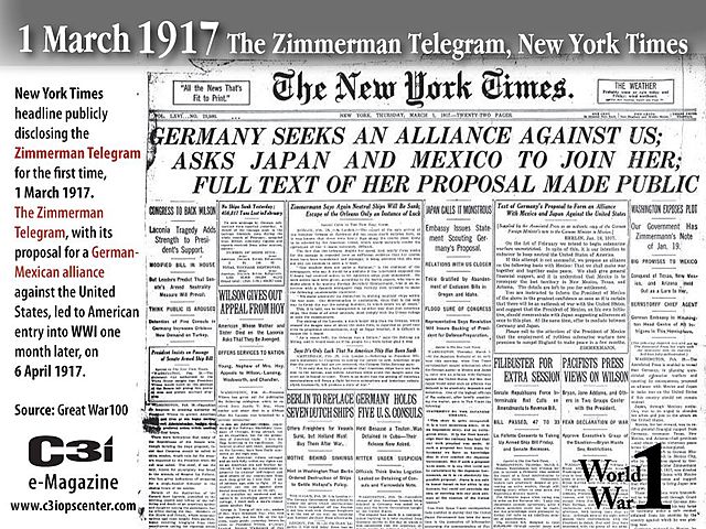 (US) President Woodrow Wilson Reveals the Zimmerman Note to rest of America