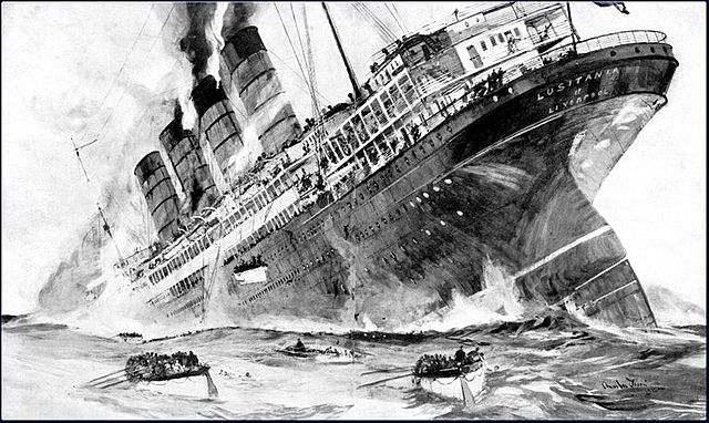 The British ocean liner Lusitania is torpedoed by a German U-boat off the southern coast of Ireland.