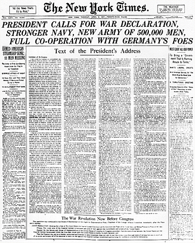 The United States declares war on Germany. In his address to Congress four days earlier, U.S. Pres.