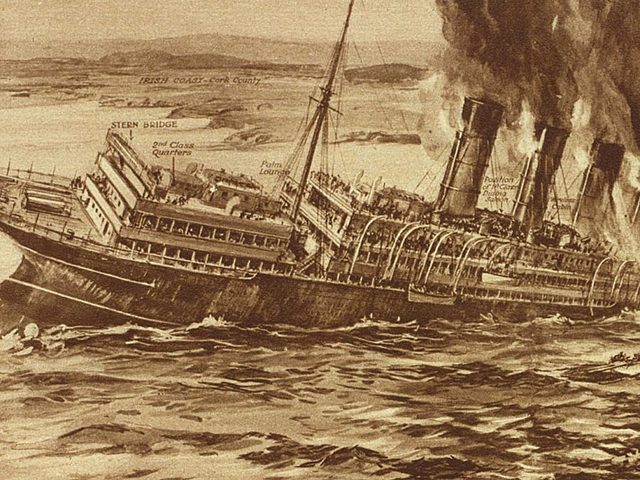 The British ocean liner Lusitania is torpedoed by a German U-boat off the southern coast of Ireland. It sinks in just 18 minutes, and nearly 1,200 people are killed, including 128 U.S.