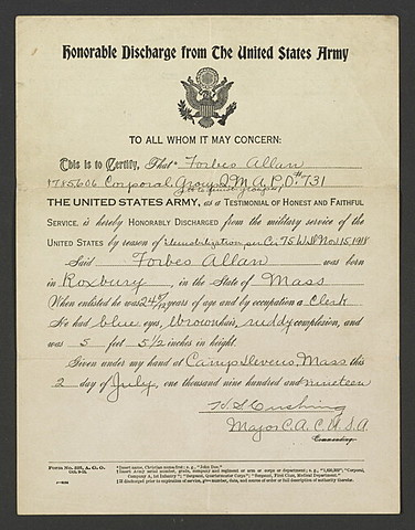 Honorable Discharge for Forbes Allan
